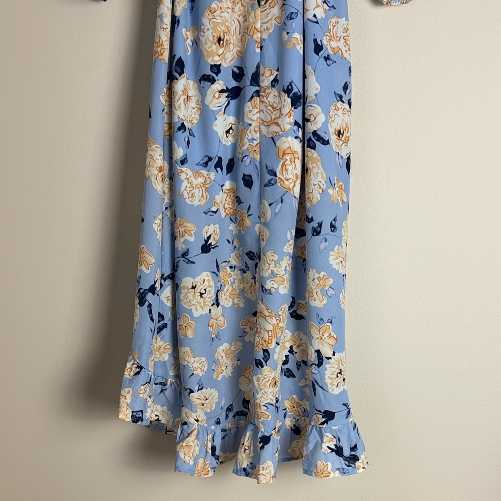 Mi Ami Women's Blue Yellow Floral Wrap Hi Low Midi Dress Size M - Picture 9 of 14